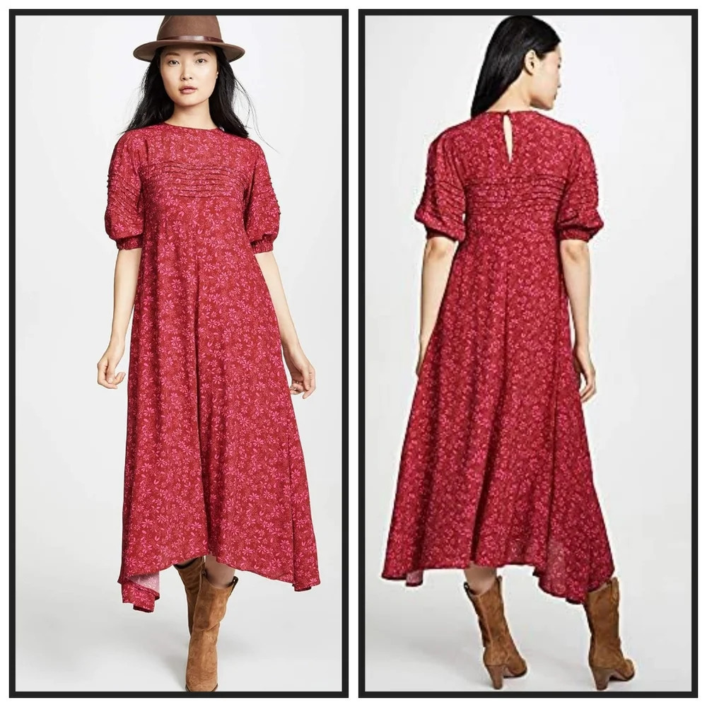 Fp Romantic Pink Floral Midi Dress Cottagecore Boho Smocked Waist Size 4 - Picture 7 of 7